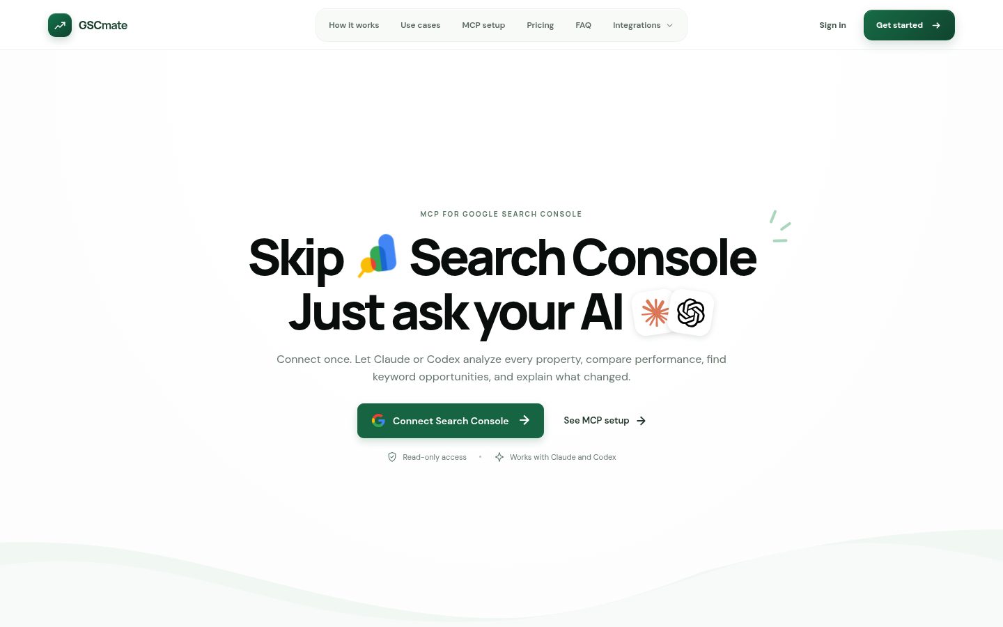 Screenshot of the public GSC MCP Server for Google Search Console homepage