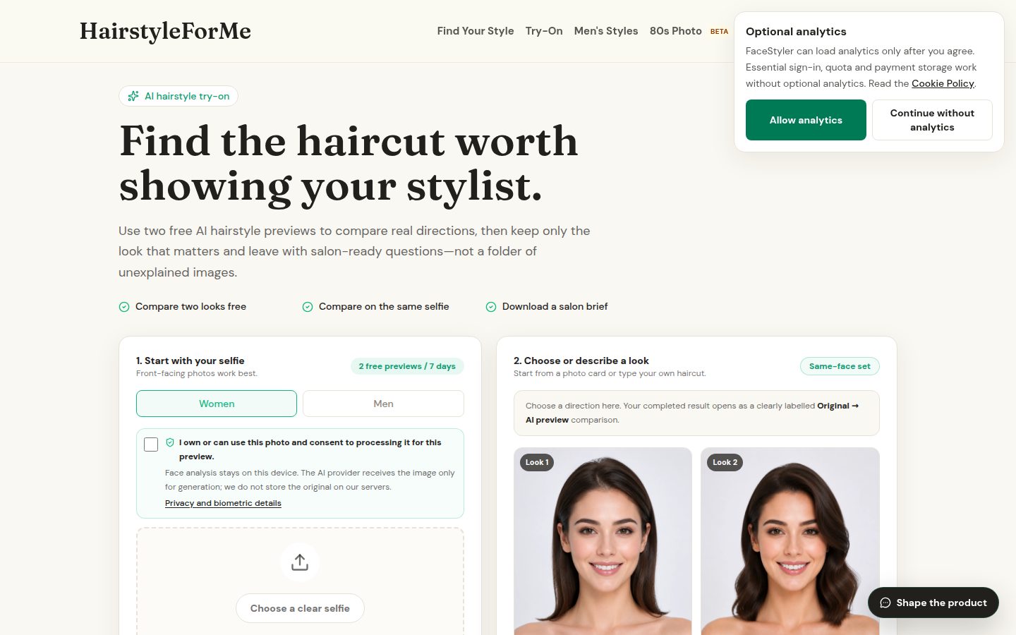 Screenshot of the public HairstyleForMe homepage