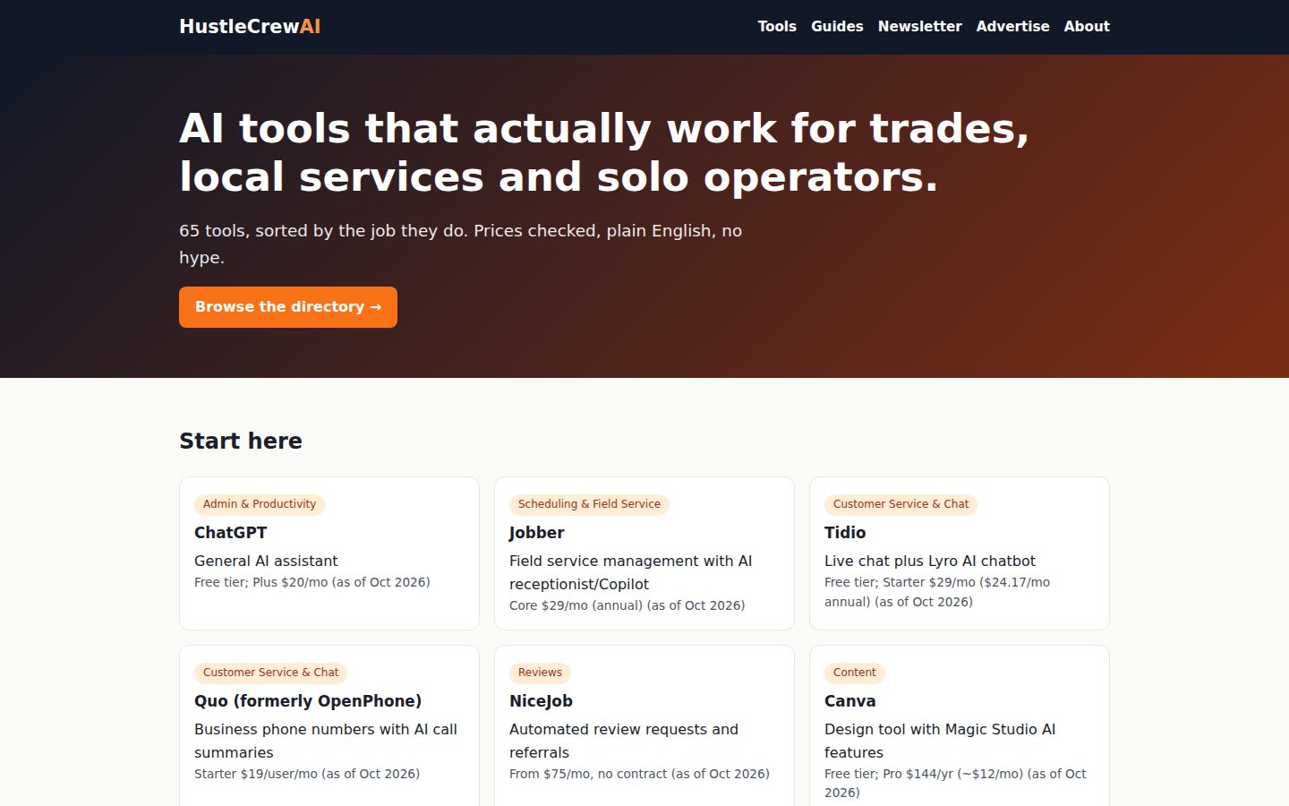 Screenshot of the public HustleCrewAI: AI tools for trades & small business homepage
