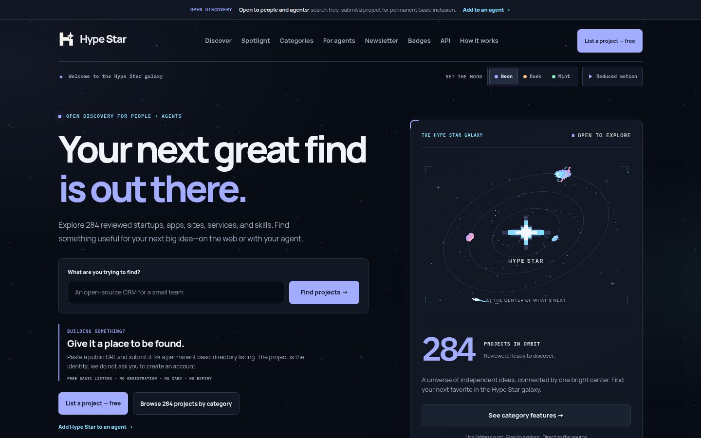Screenshot of the public Hype Star homepage