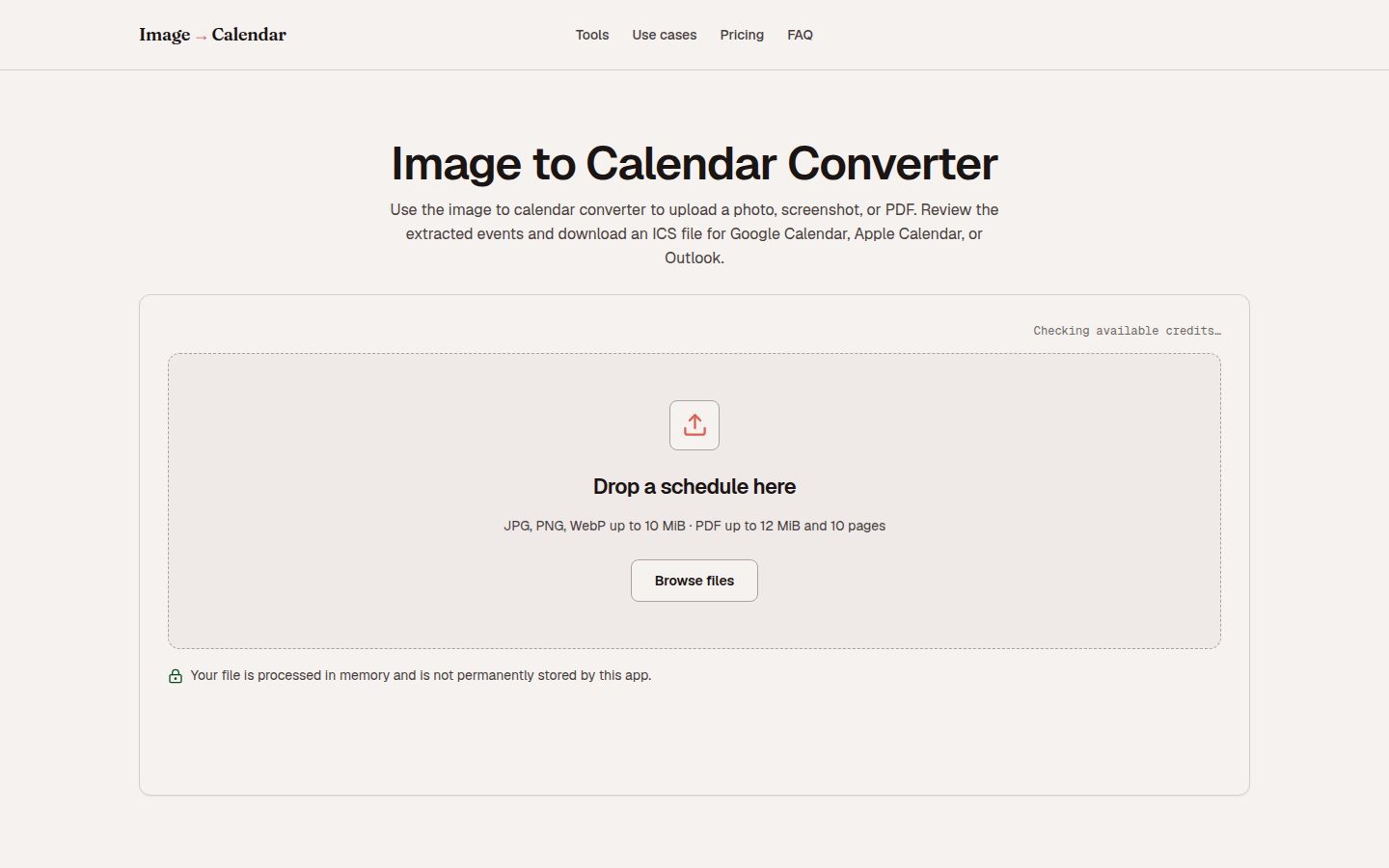Screenshot of the public Image to Calendar homepage