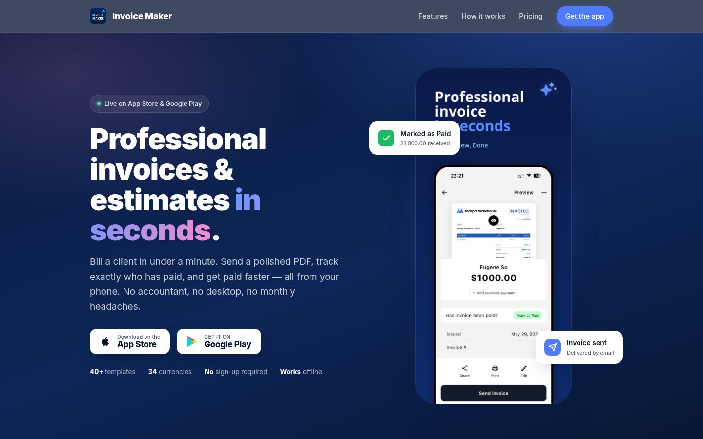 Screenshot of the public Invoice Maker homepage