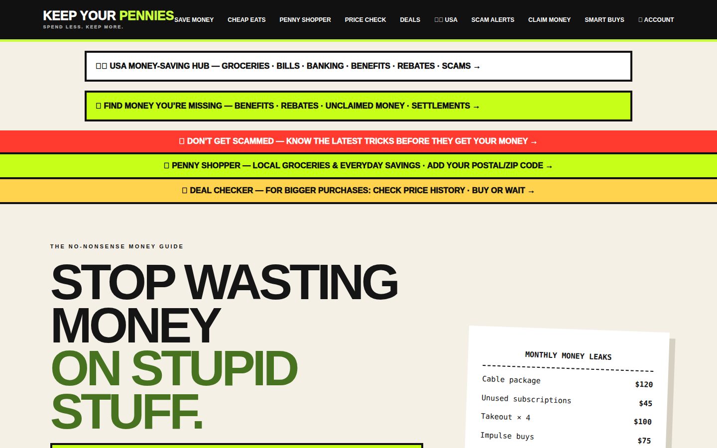 Screenshot of the public Keep Your Pennies homepage