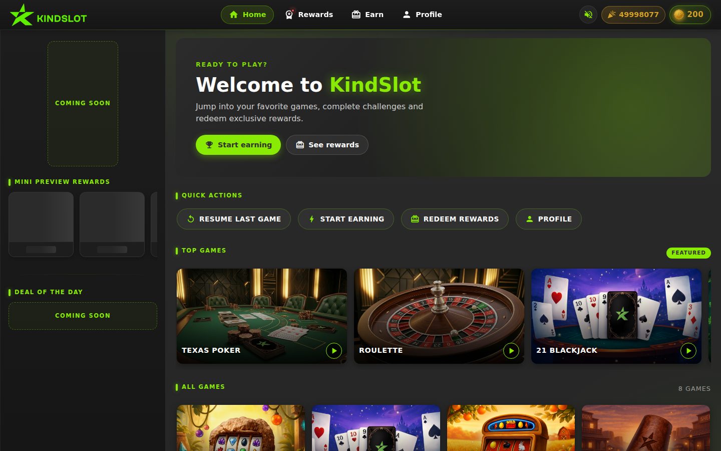Screenshot of the public Kindslot homepage