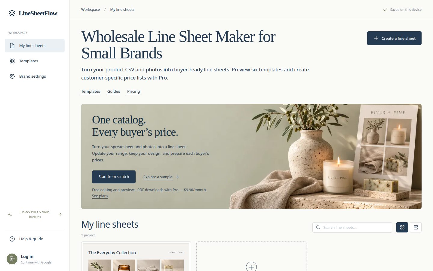 Screenshot of the public LineSheetFlow homepage
