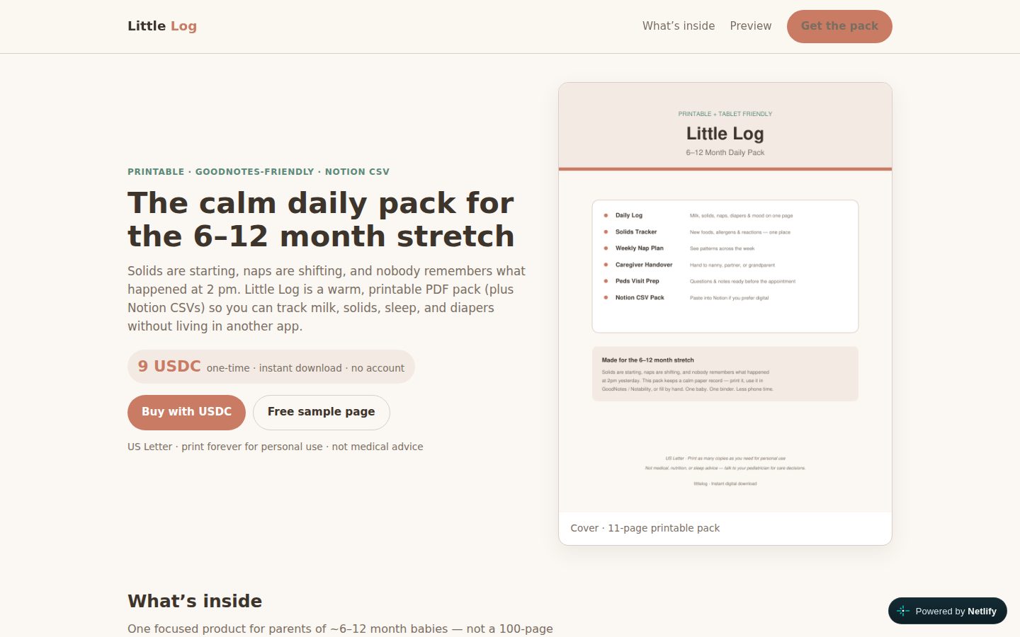 Screenshot of the public Little Log homepage