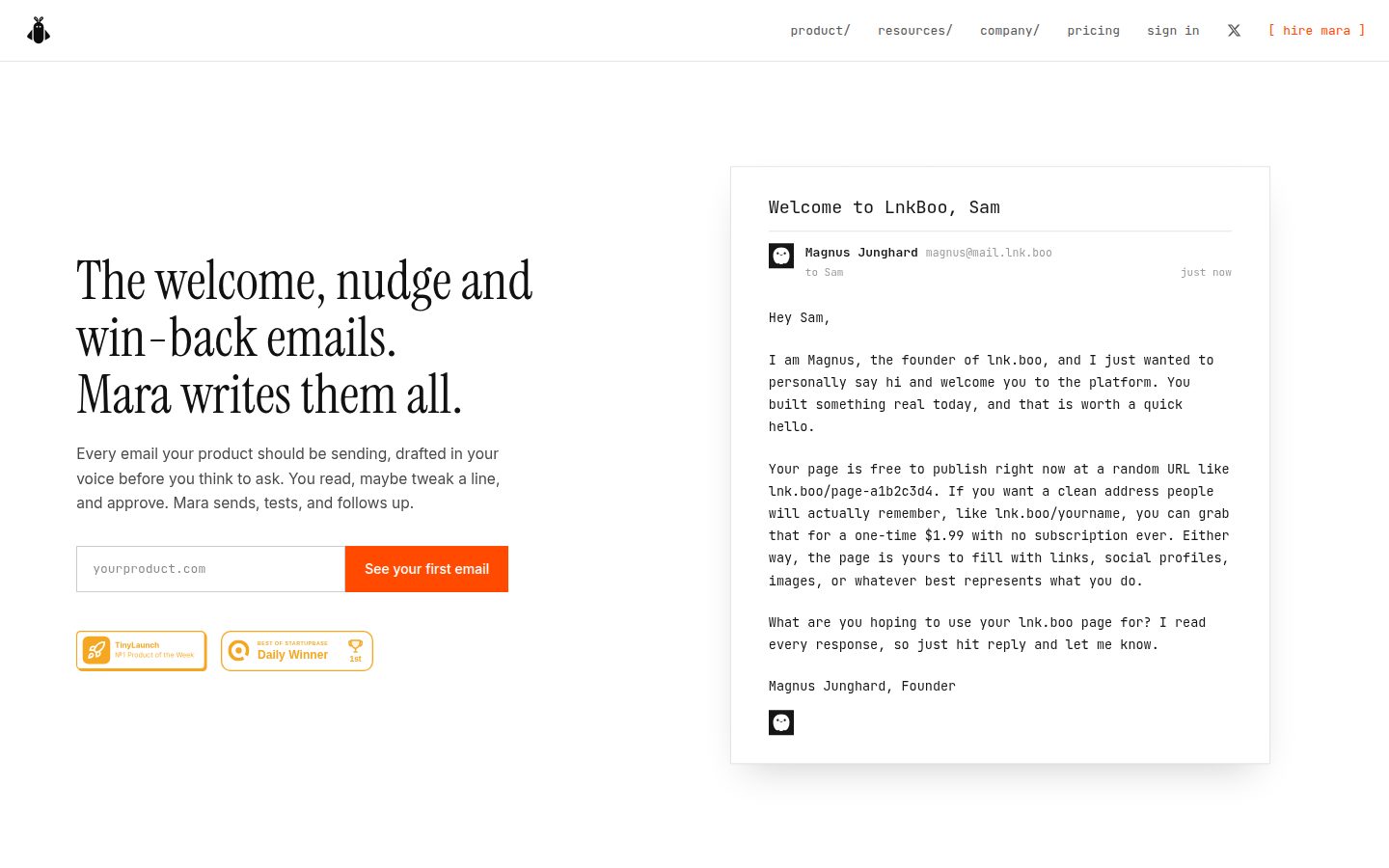 Screenshot of the public Mara homepage