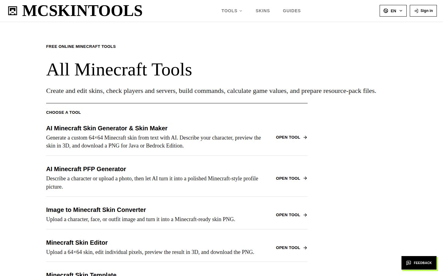 Screenshot of the public MCSkinTools homepage
