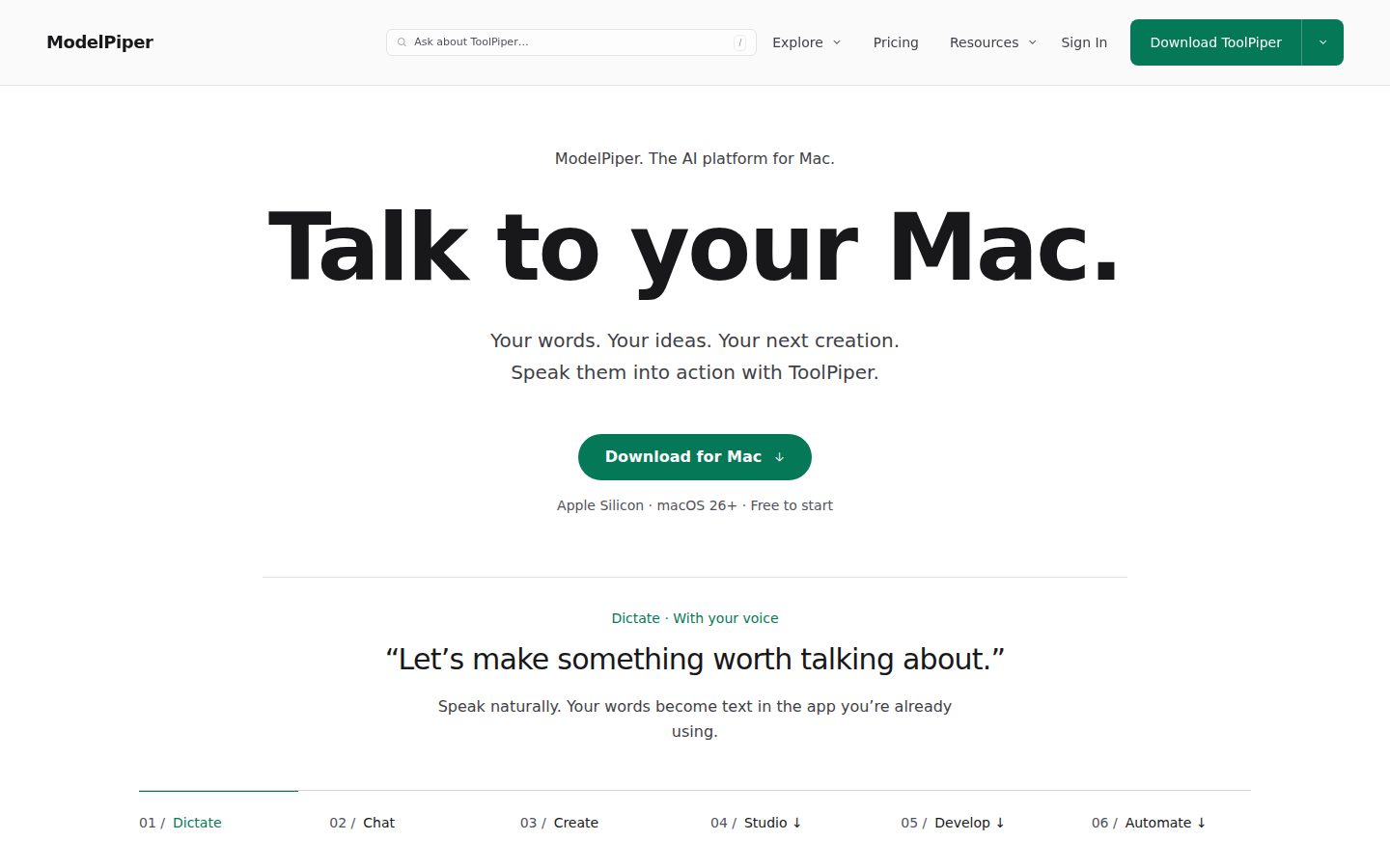 Screenshot of the public ModelPiper homepage