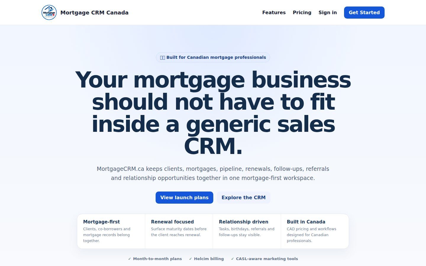 Screenshot of the public MortgageCRM.ca homepage