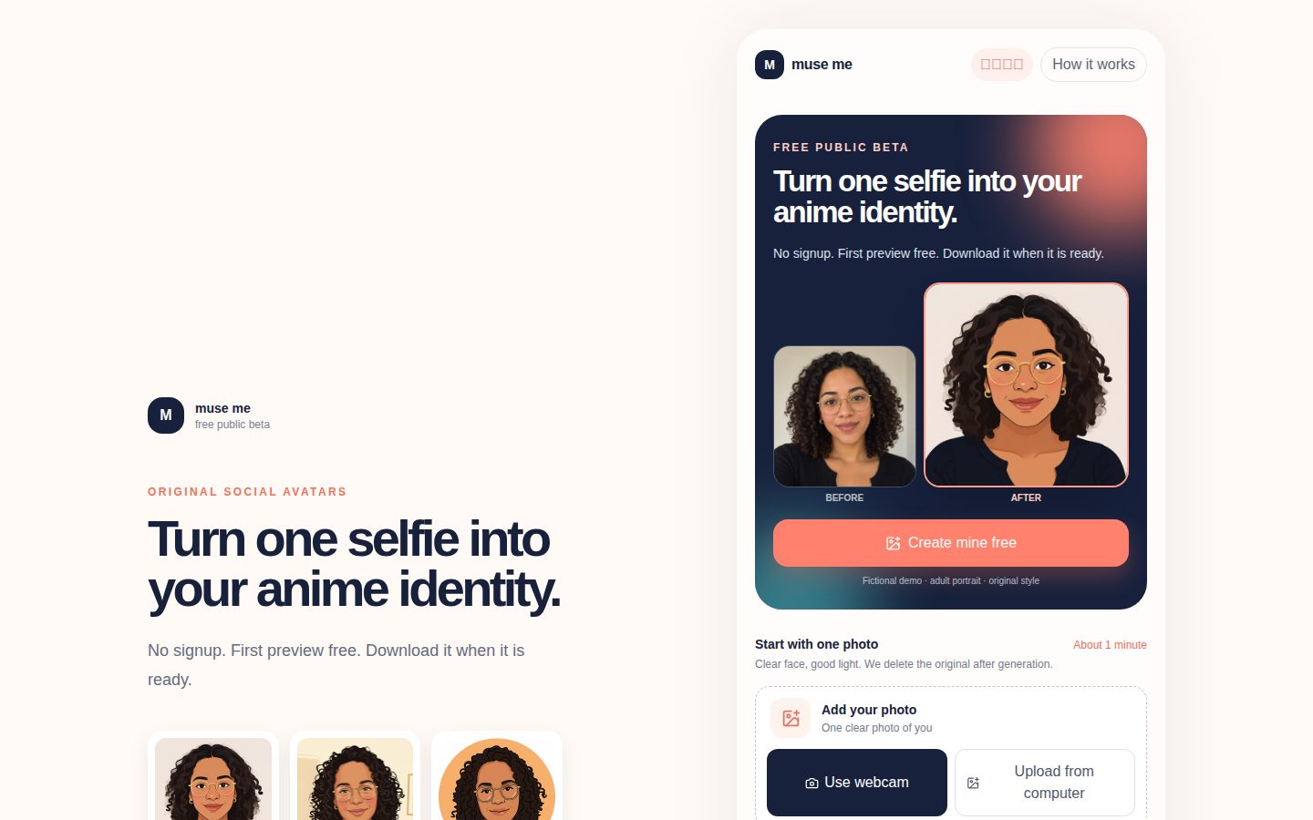 Screenshot of the public Muse Me homepage