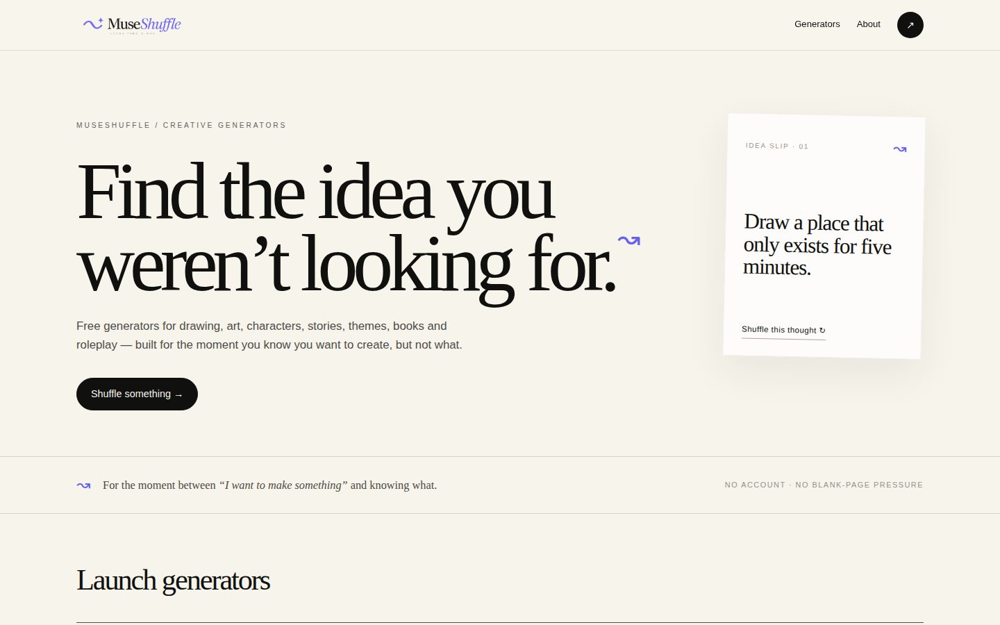 Screenshot of the public MuseShuffle homepage