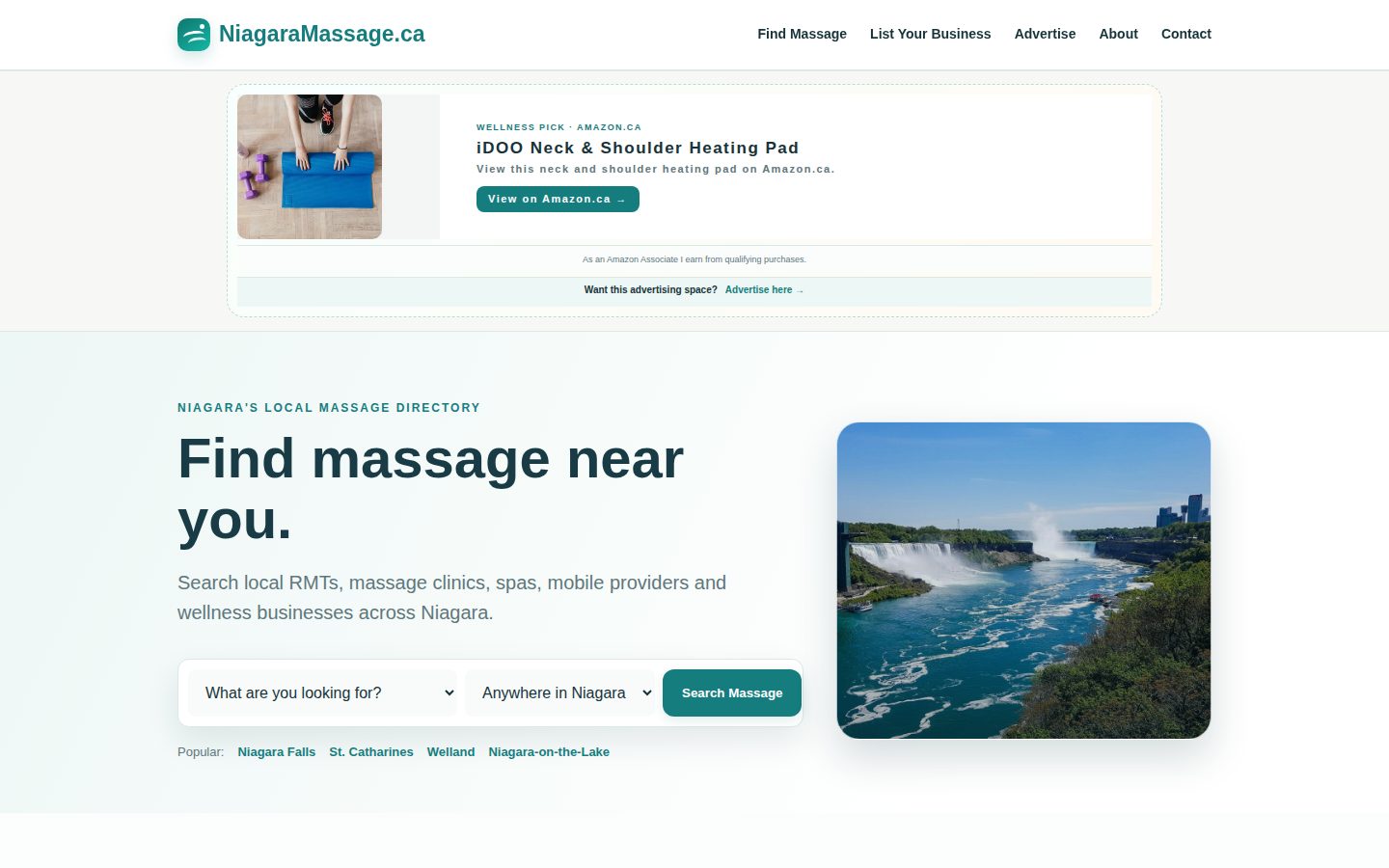Screenshot of the public NiagaraMassage.ca homepage