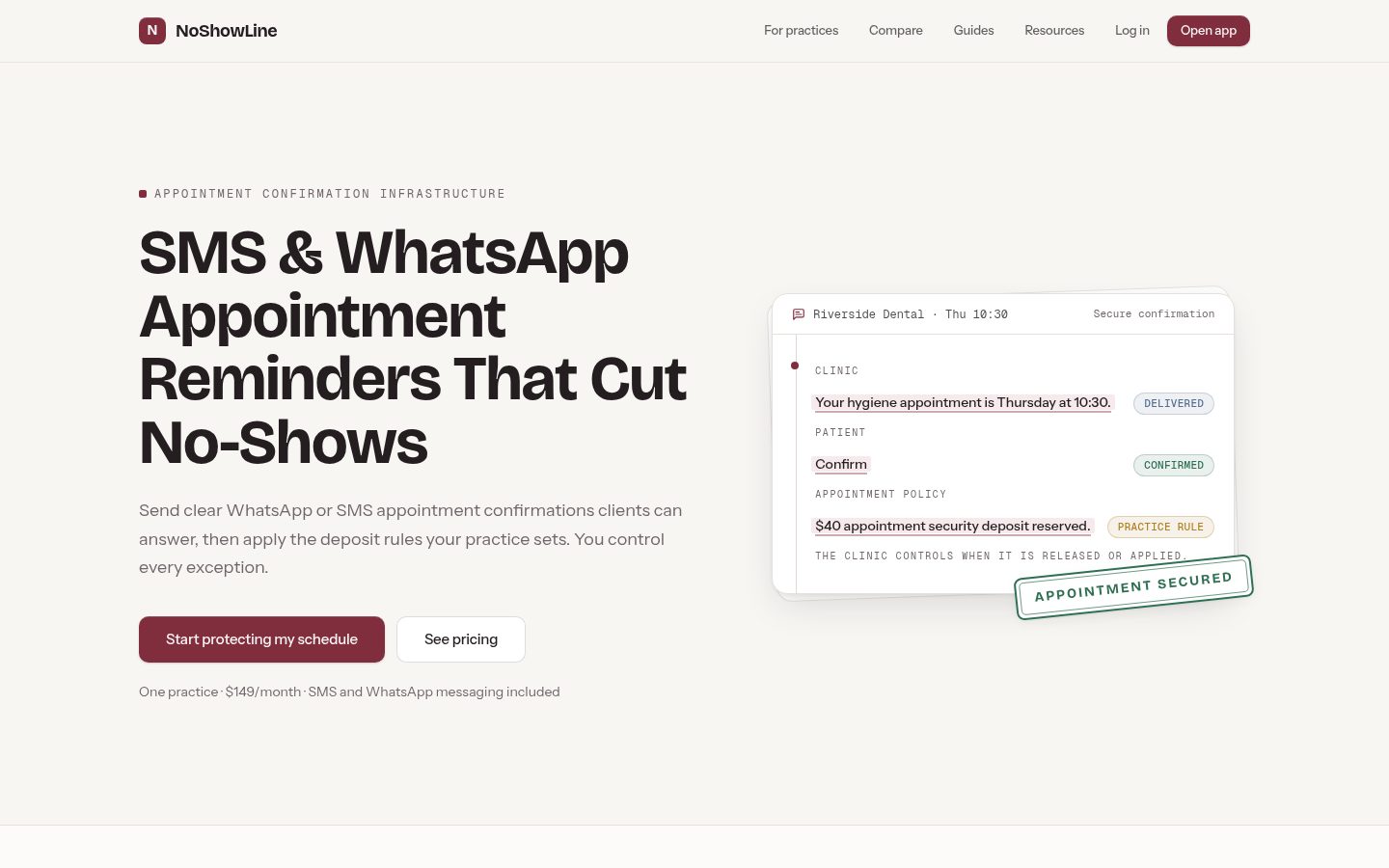 Screenshot of the public NoShowLine homepage