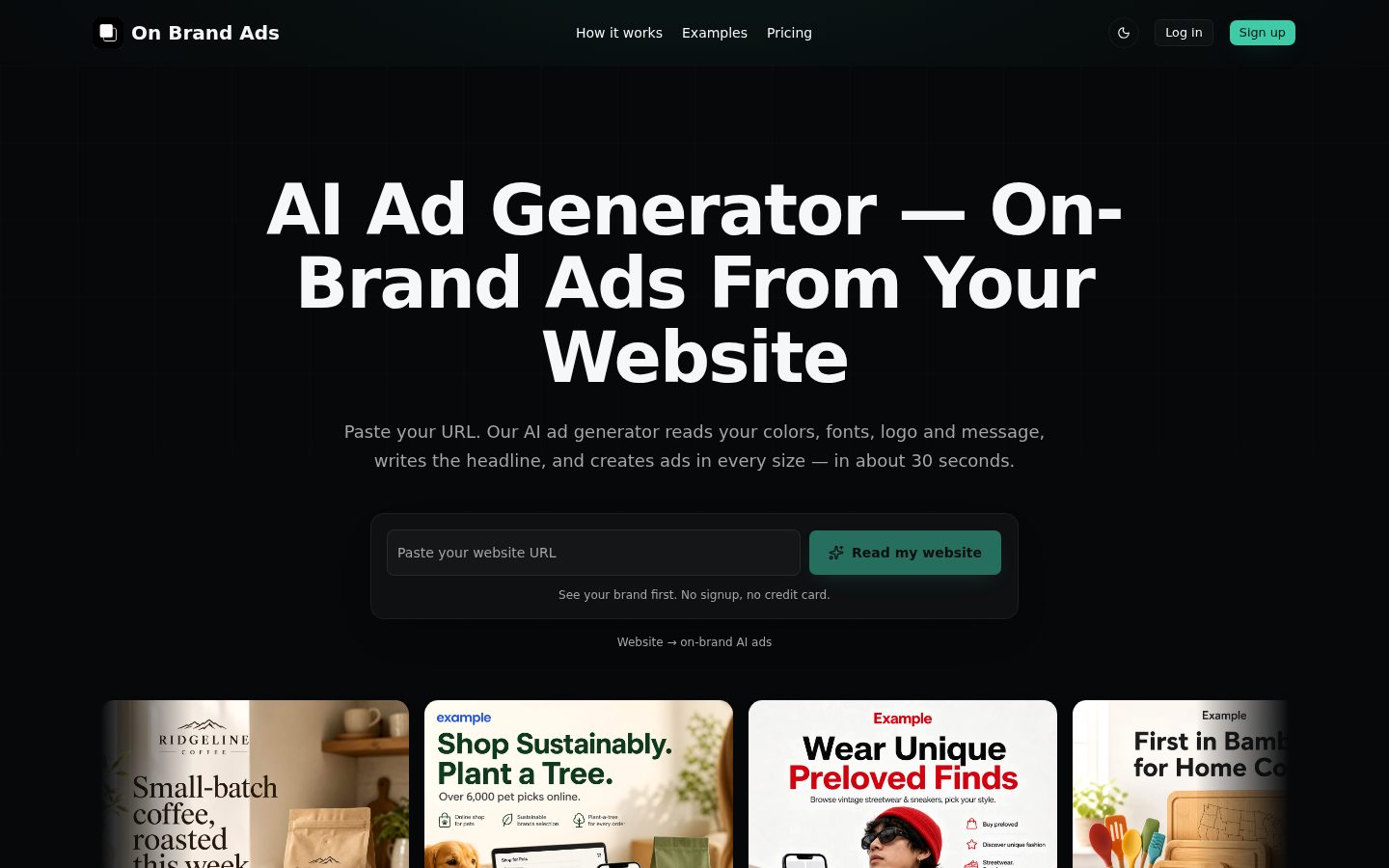 Screenshot of the public On Brand Ads homepage