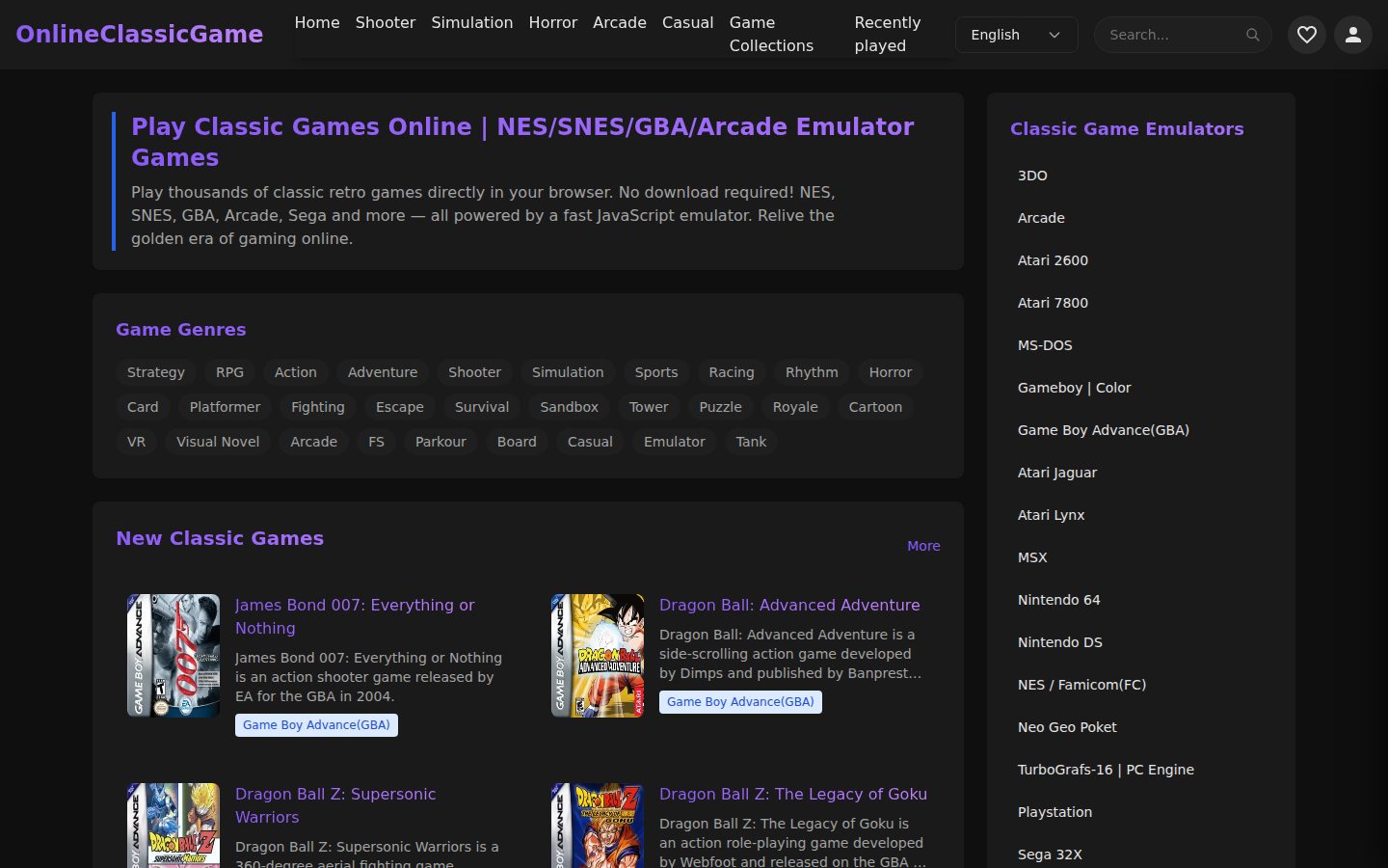 Screenshot of the public OnlineClassicGame - Play Classic Games Online homepage