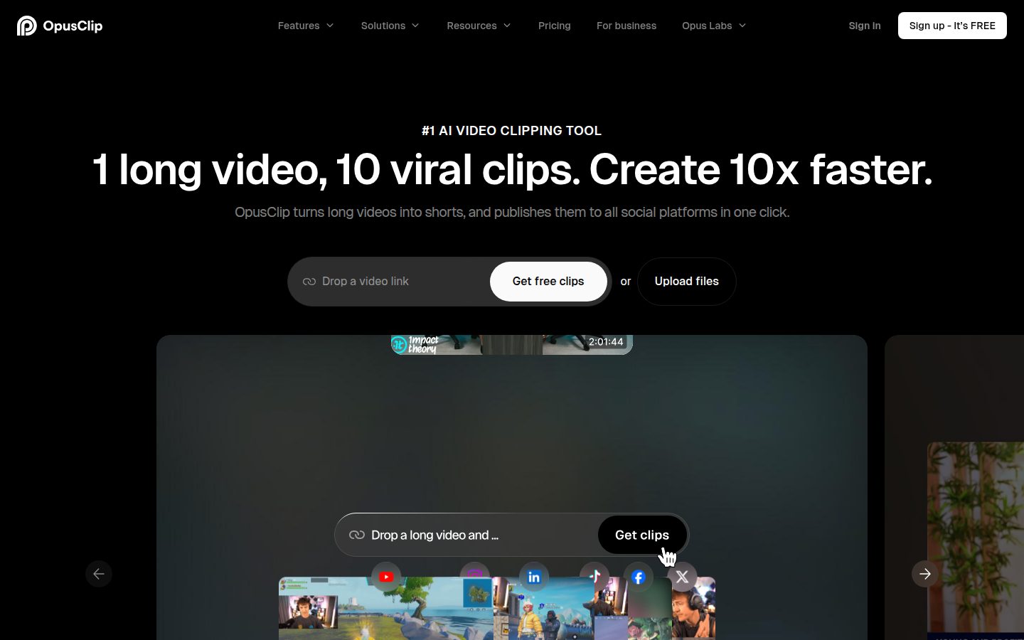 Screenshot of the public OpusClip homepage