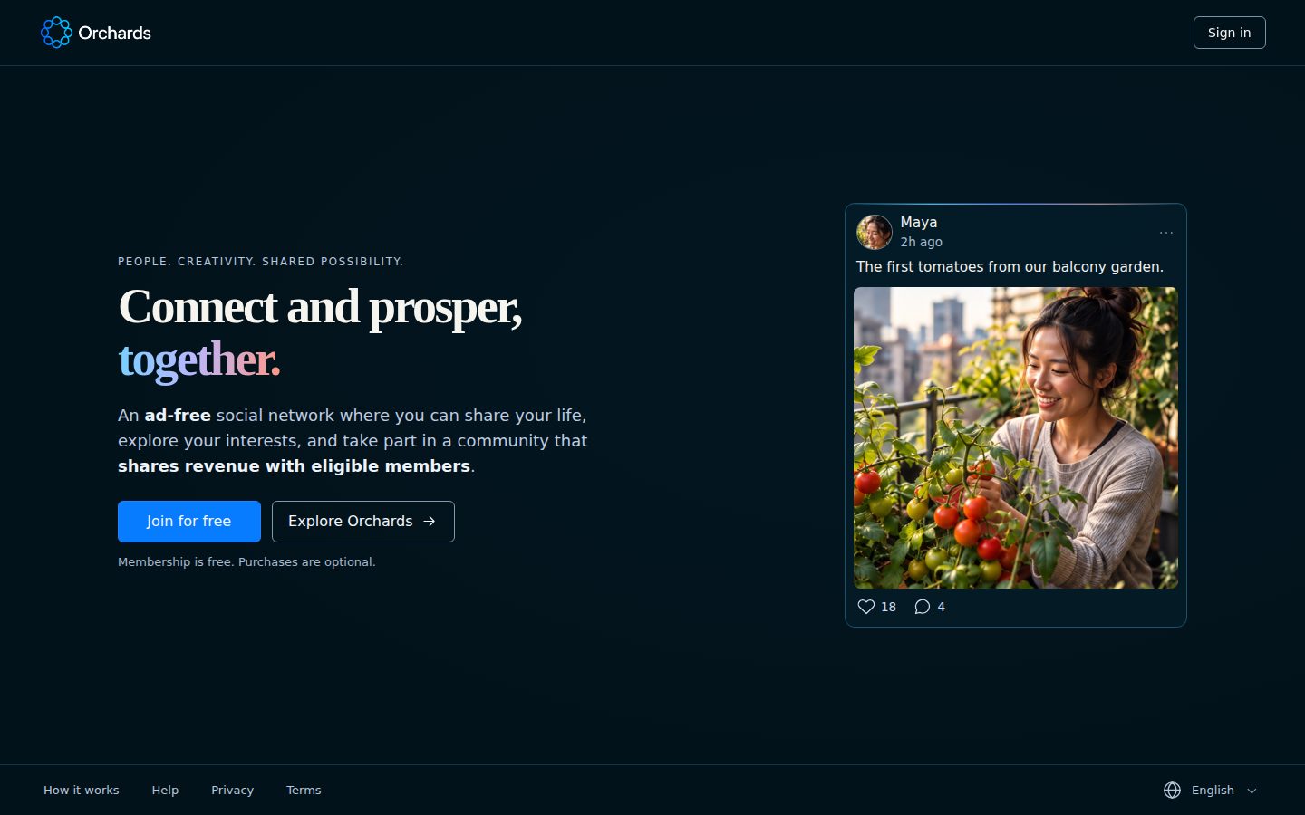 Screenshot of the public Orchards homepage