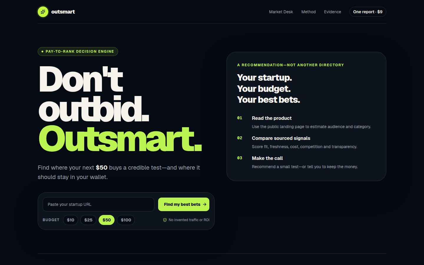 Screenshot of the public Outsmart homepage