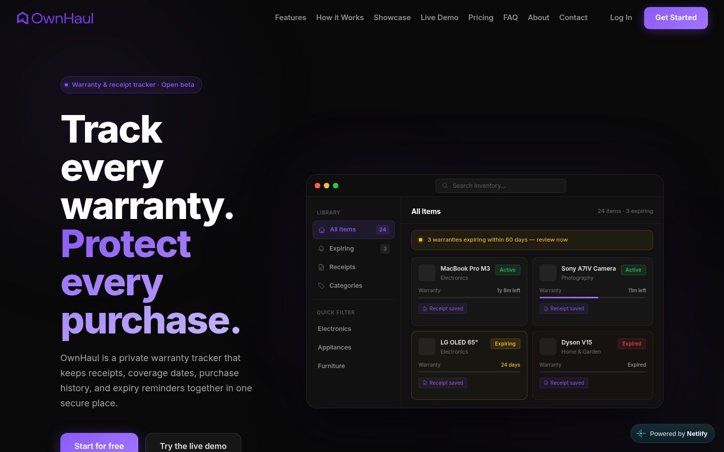 Screenshot of the public OwnHaul homepage