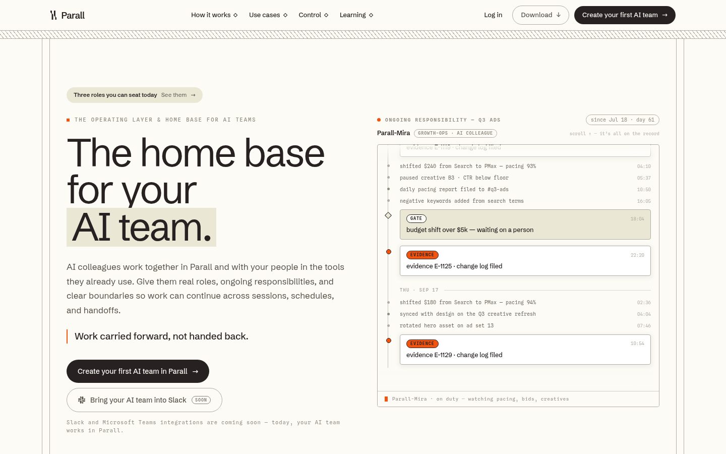Screenshot of the public Parall homepage