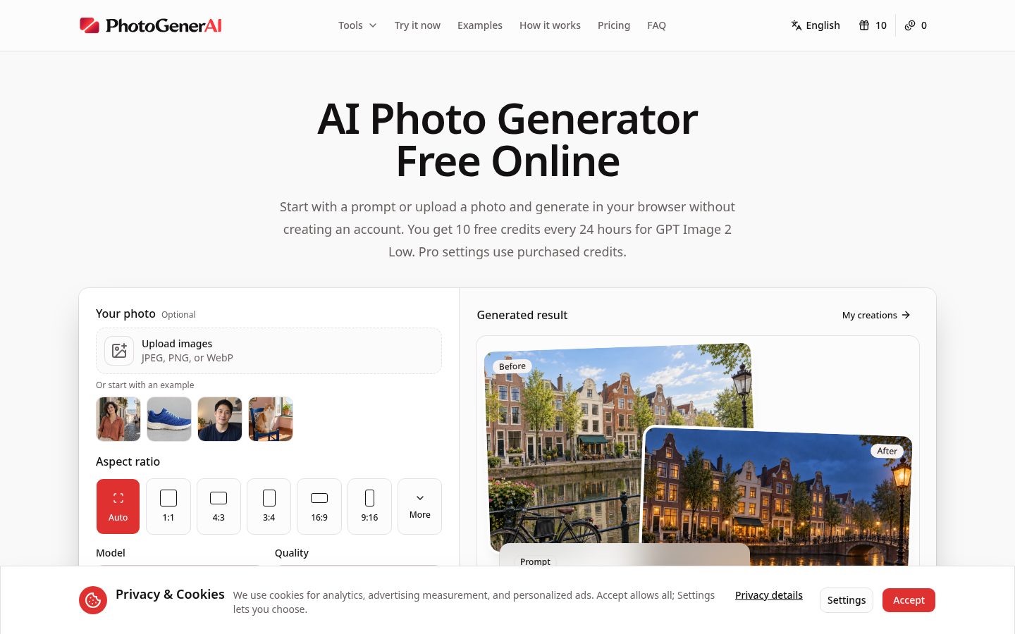 Screenshot of the public PhotoGenerAI homepage