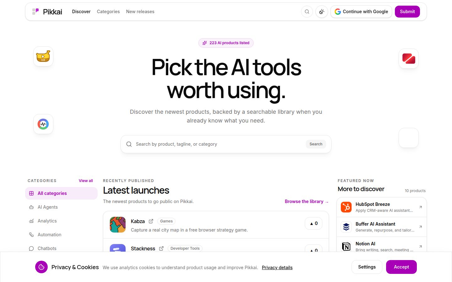 Screenshot of the public Pikkai homepage