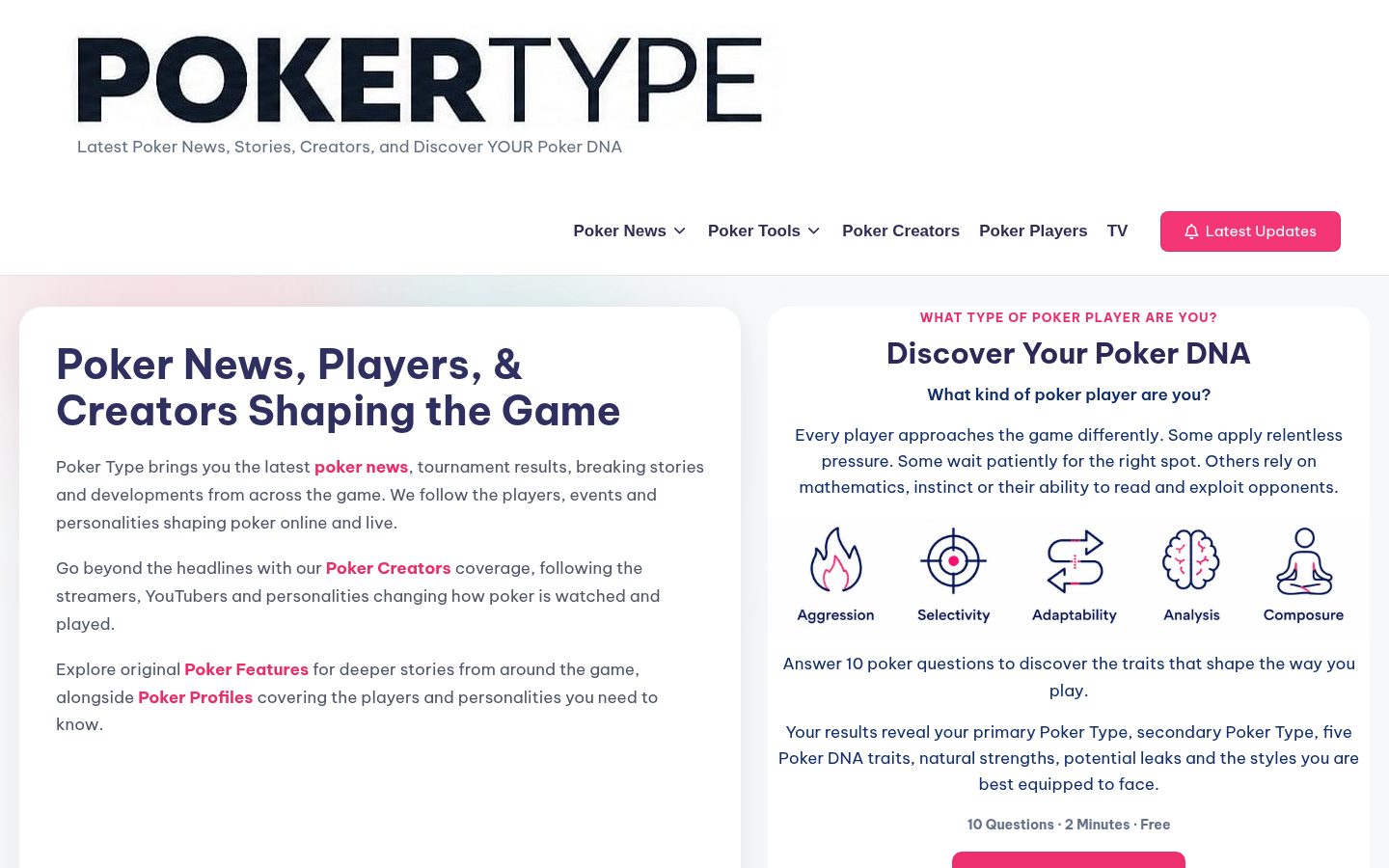 Screenshot of the public Poker Type homepage