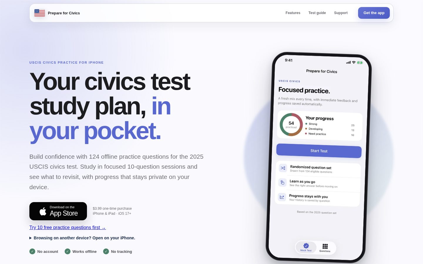 Screenshot of the public Prepare for Civics homepage