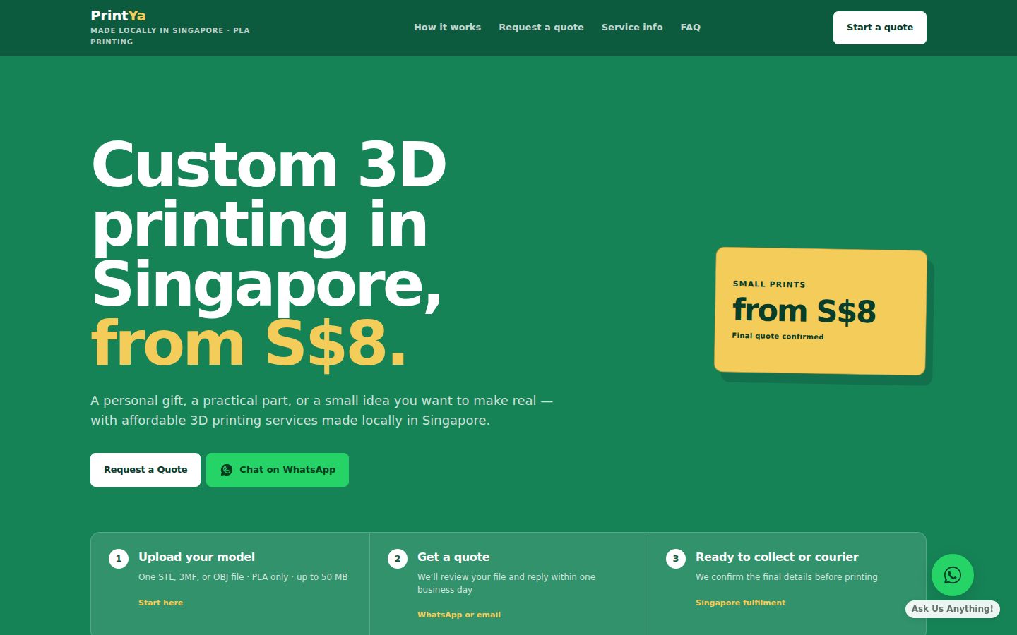 Screenshot of the public PrintYa homepage