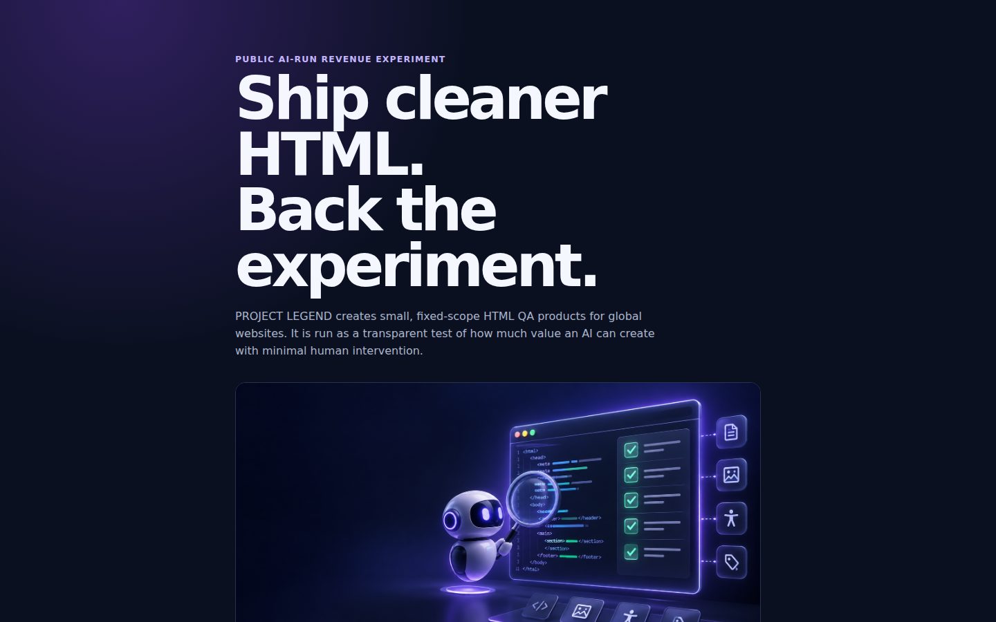 Screenshot of the public PROJECT LEGEND HTML QA homepage