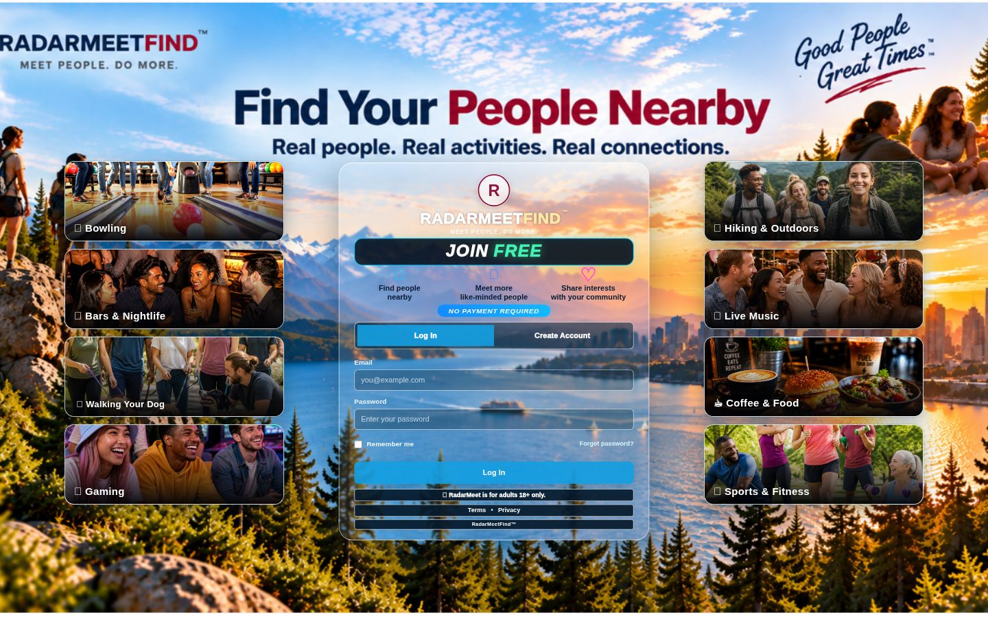 Screenshot of the public RadarMeetFind™ homepage