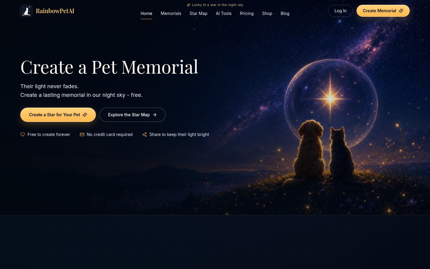 Screenshot of the public RainbowPetAI homepage