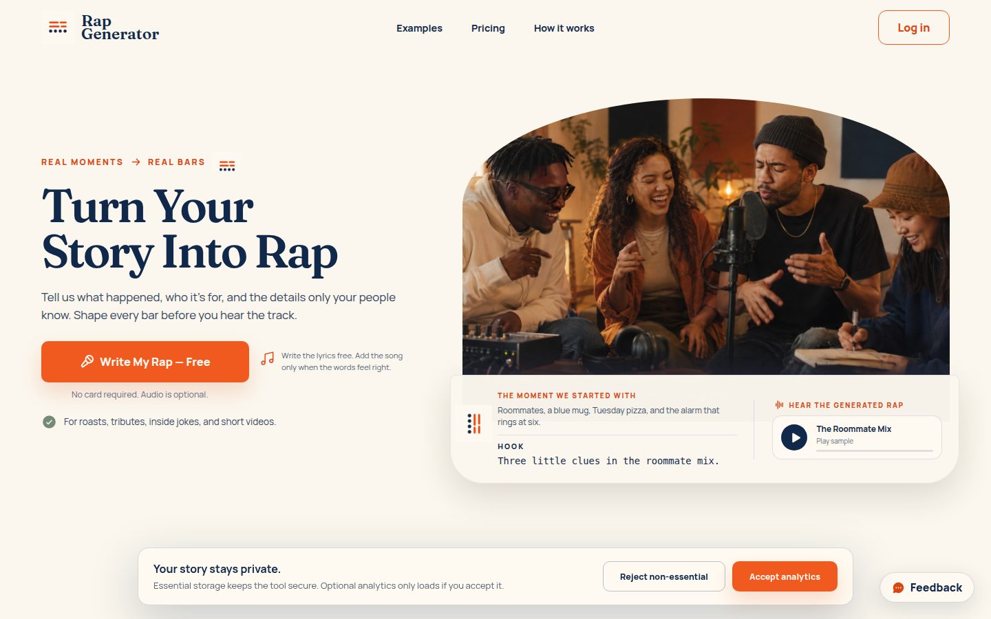 Screenshot of the public Rap Generator homepage