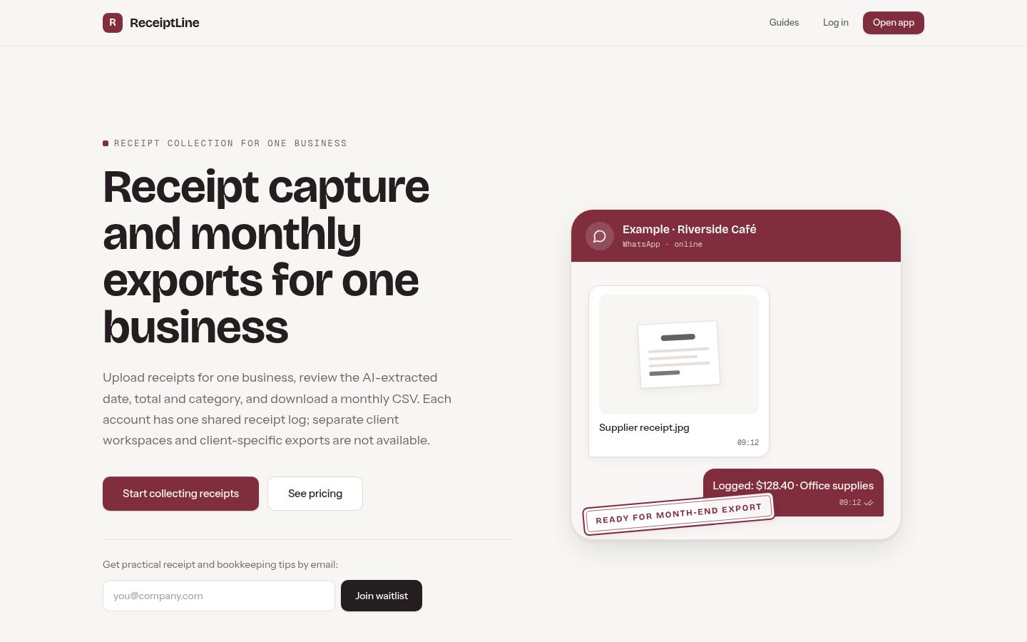 Screenshot of the public ReceiptLine homepage