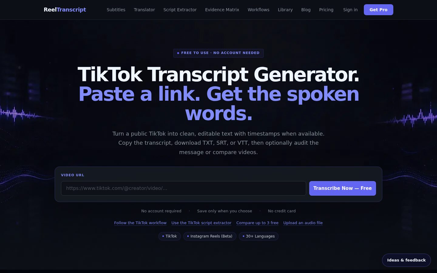Screenshot of the public ReelTranscript homepage