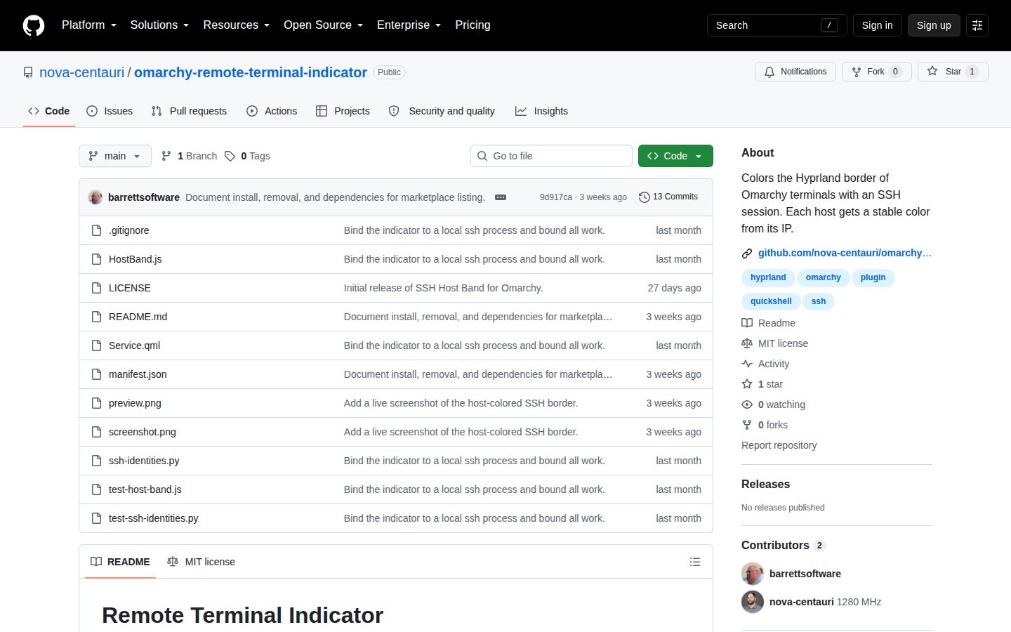 Screenshot of the public Remote Terminal Indicator homepage