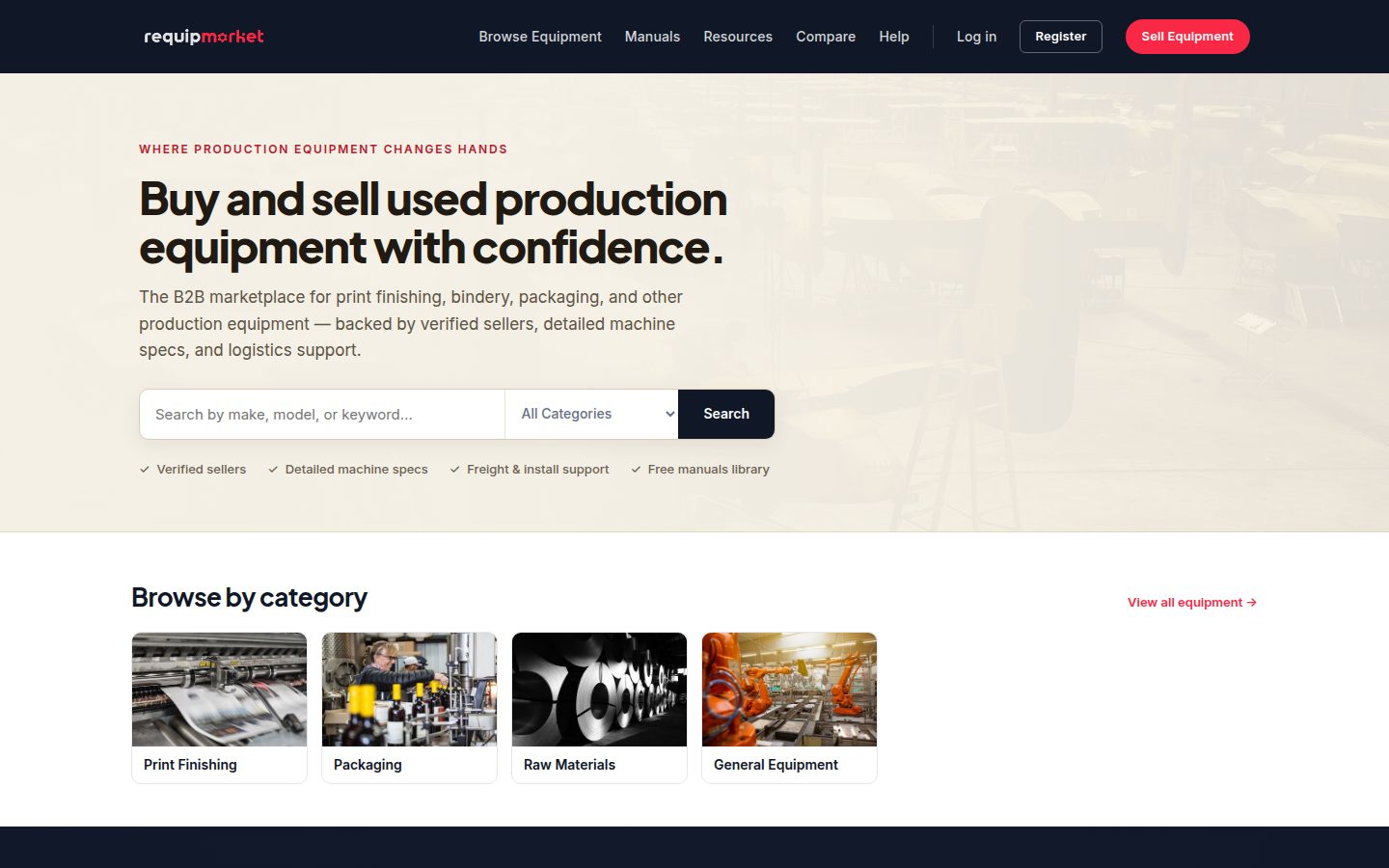 Screenshot of the public Requip Market homepage