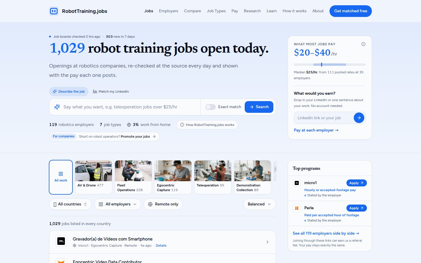 Screenshot of the public RobotTraining.jobs homepage
