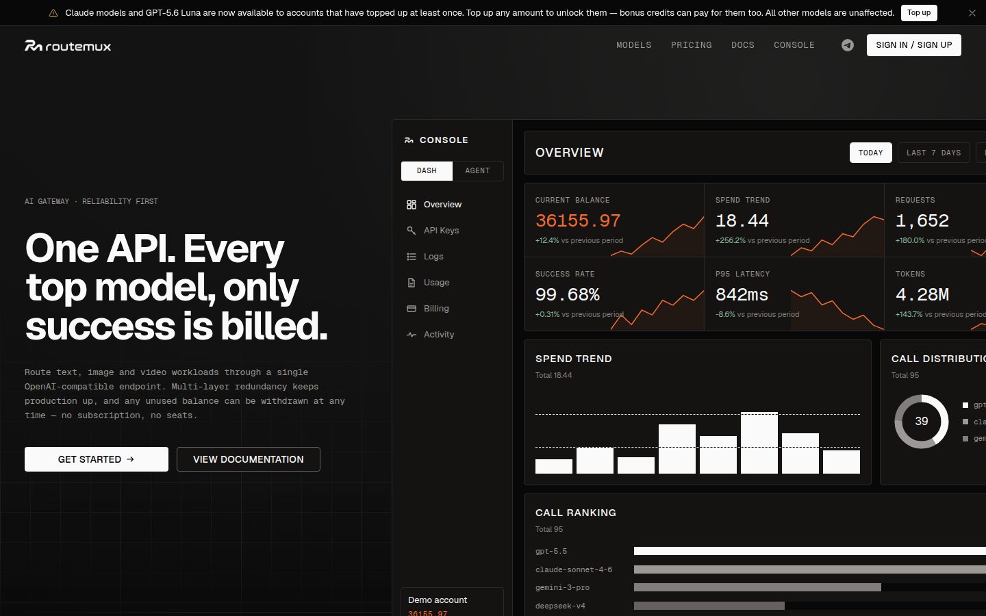 Screenshot of the public RouteMux homepage