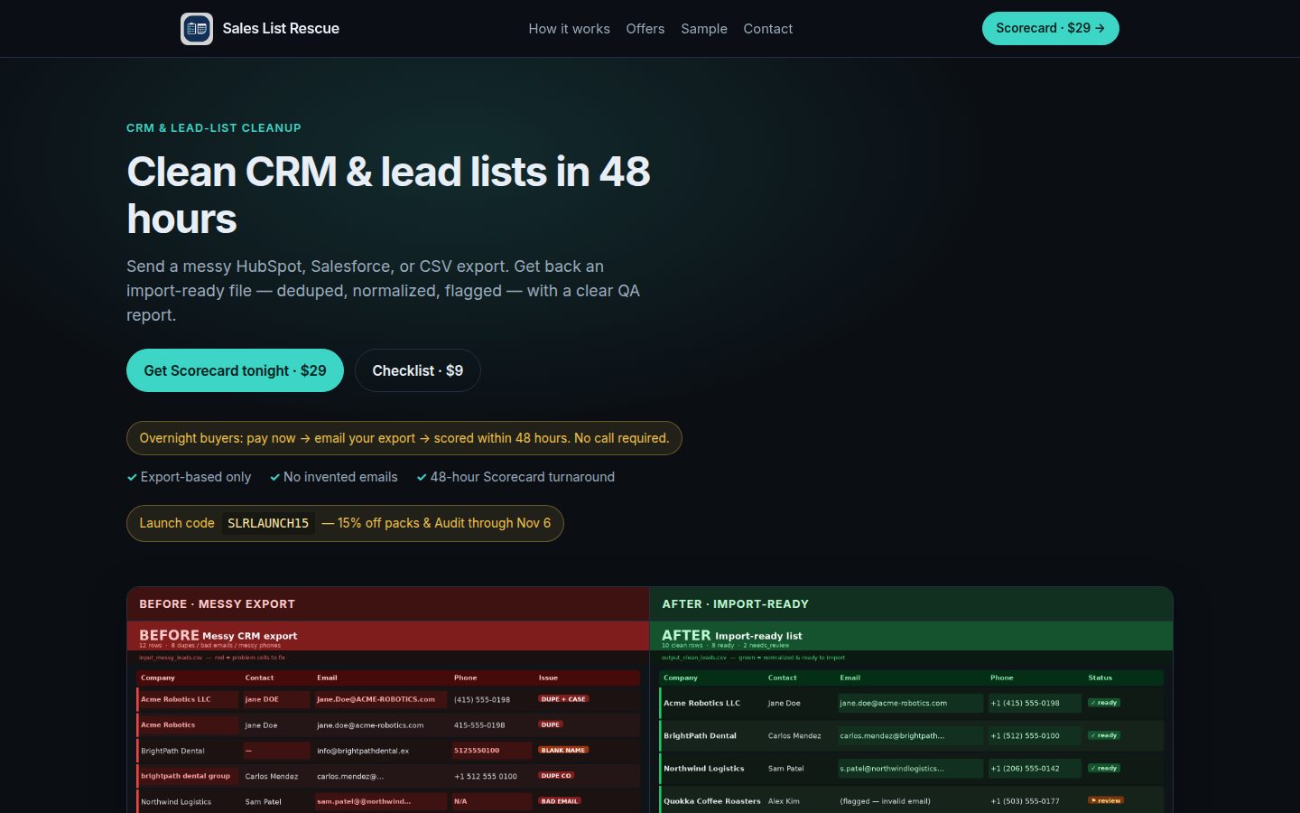 Screenshot of the public Sales List Rescue homepage