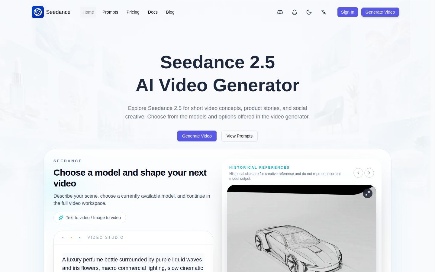 Screenshot of the public Seedance homepage