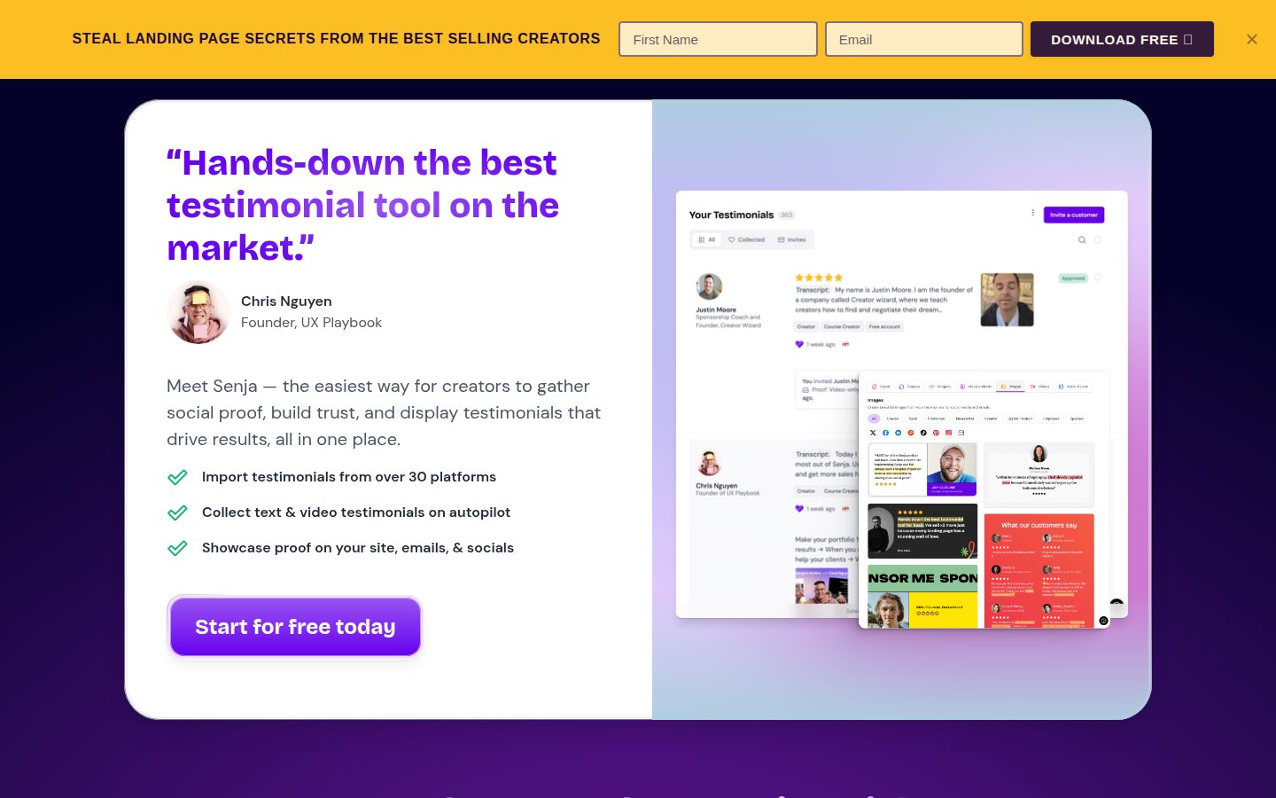 Screenshot of the public Senja homepage