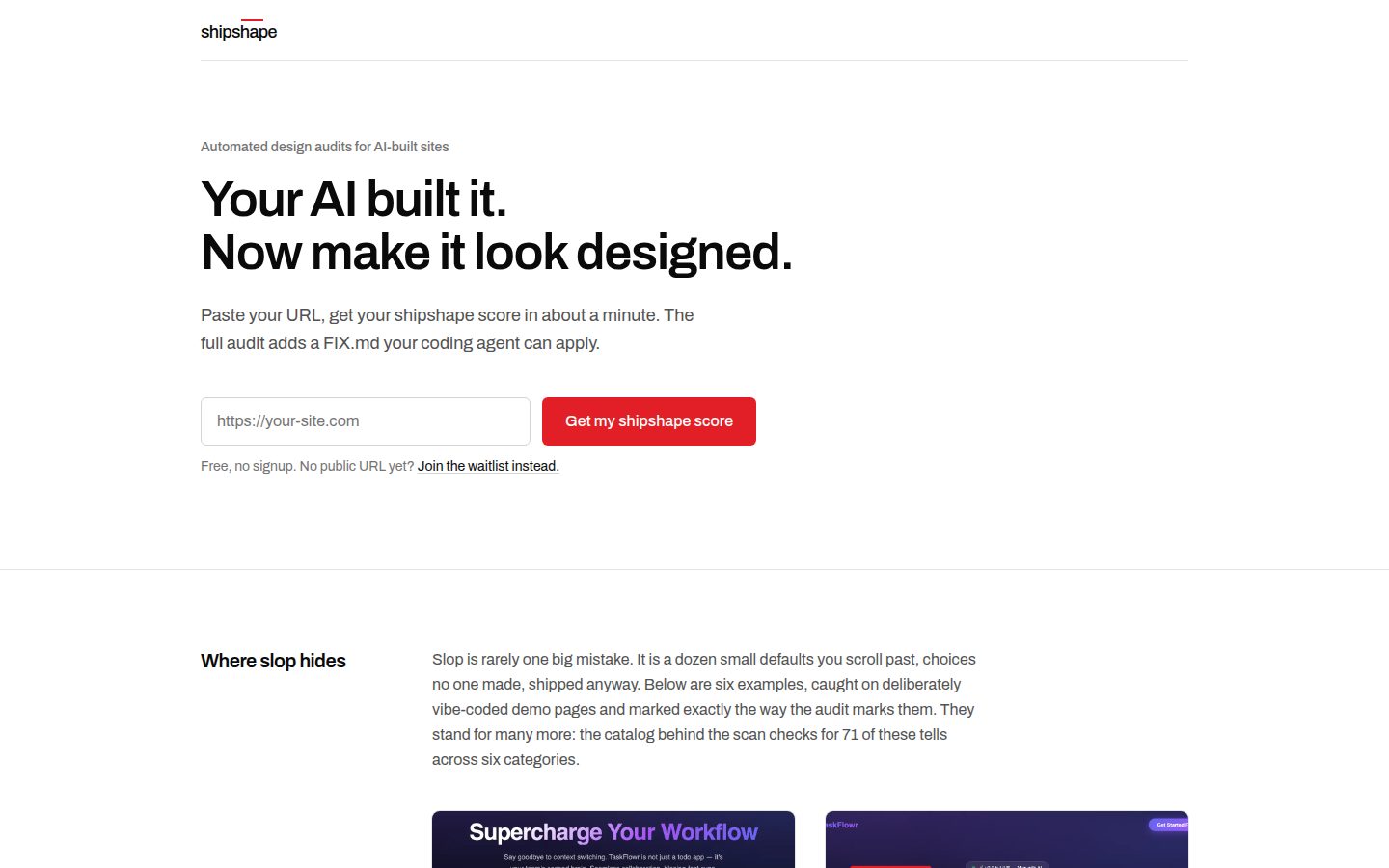 Screenshot of the public shipshape homepage