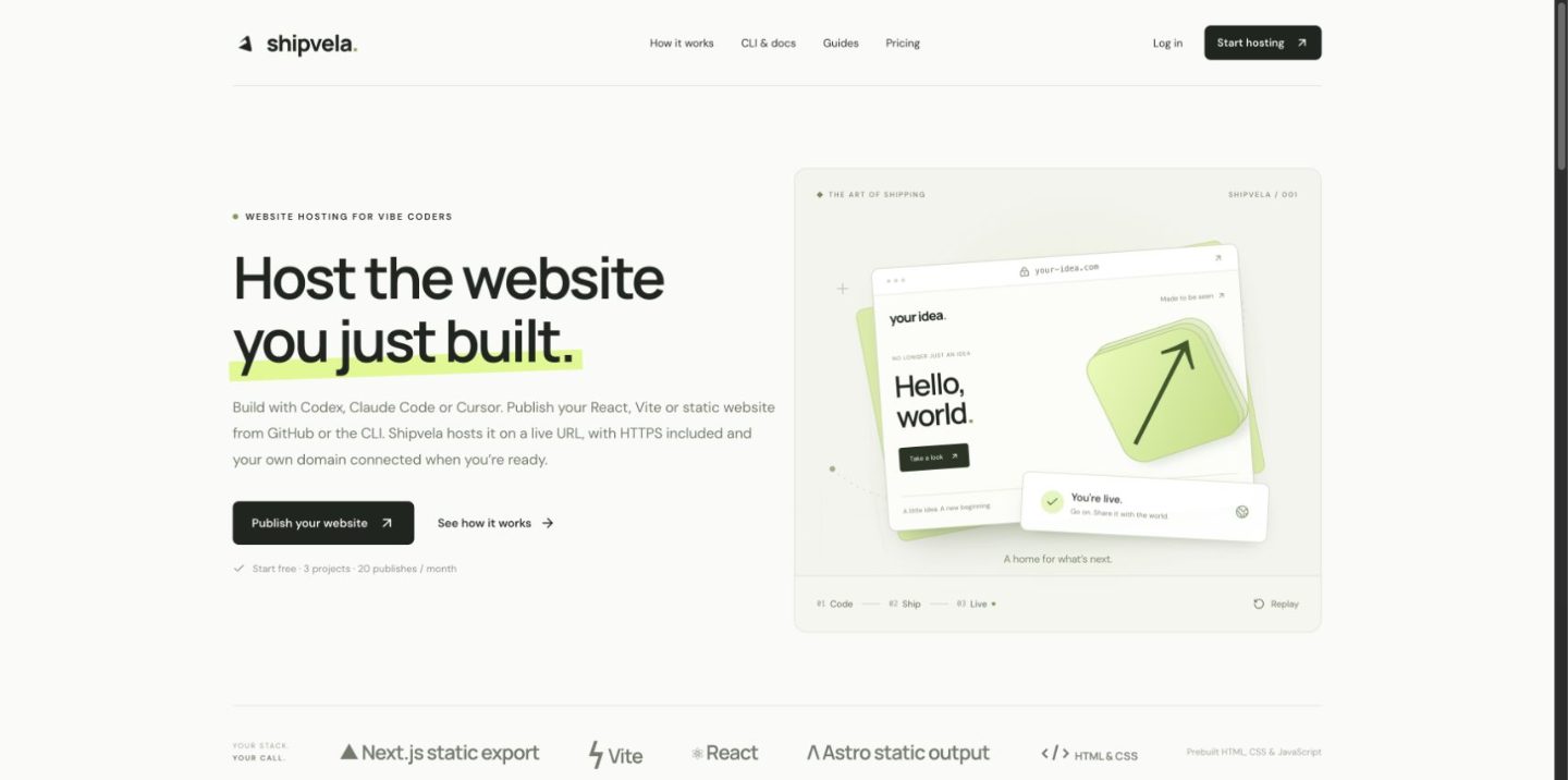 Screenshot of the public Shipvela homepage