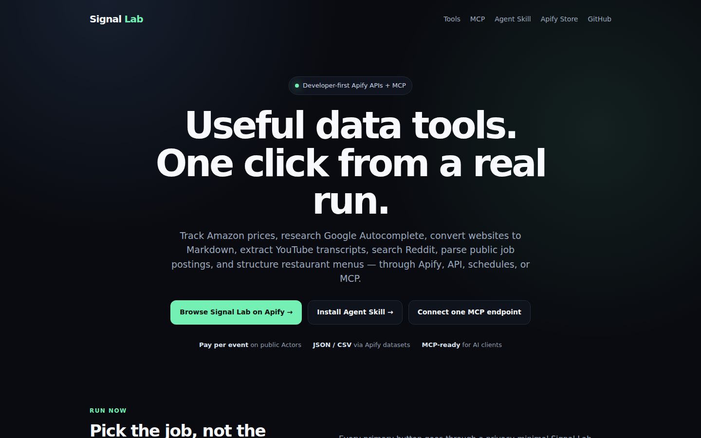 Screenshot of the public Signal Lab Apify Data APIs & MCP Tools homepage