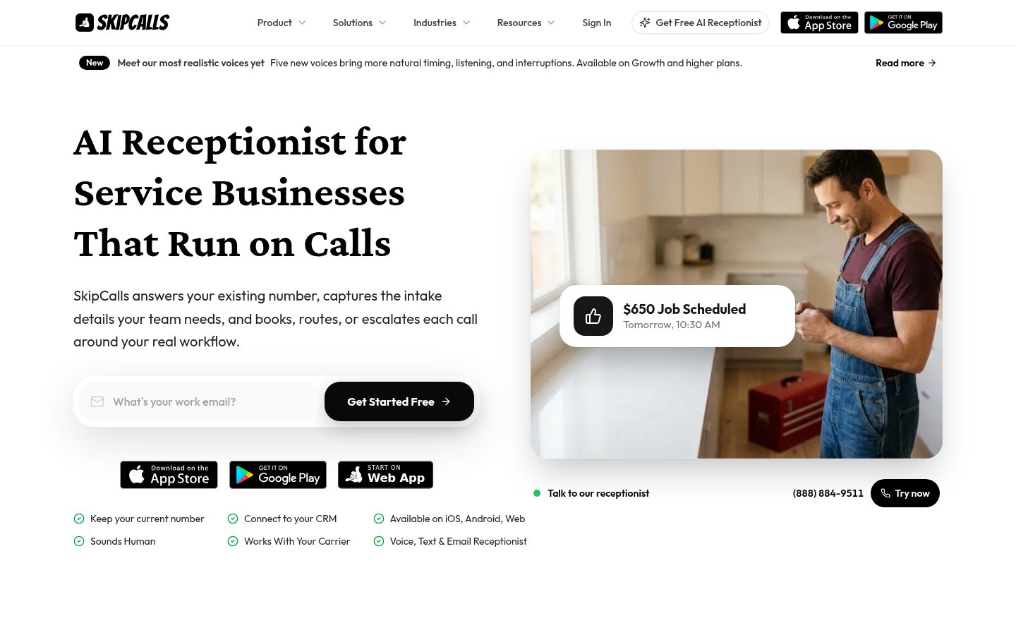 Screenshot of the public SkipCalls AI receptionist for service businesses homepage
