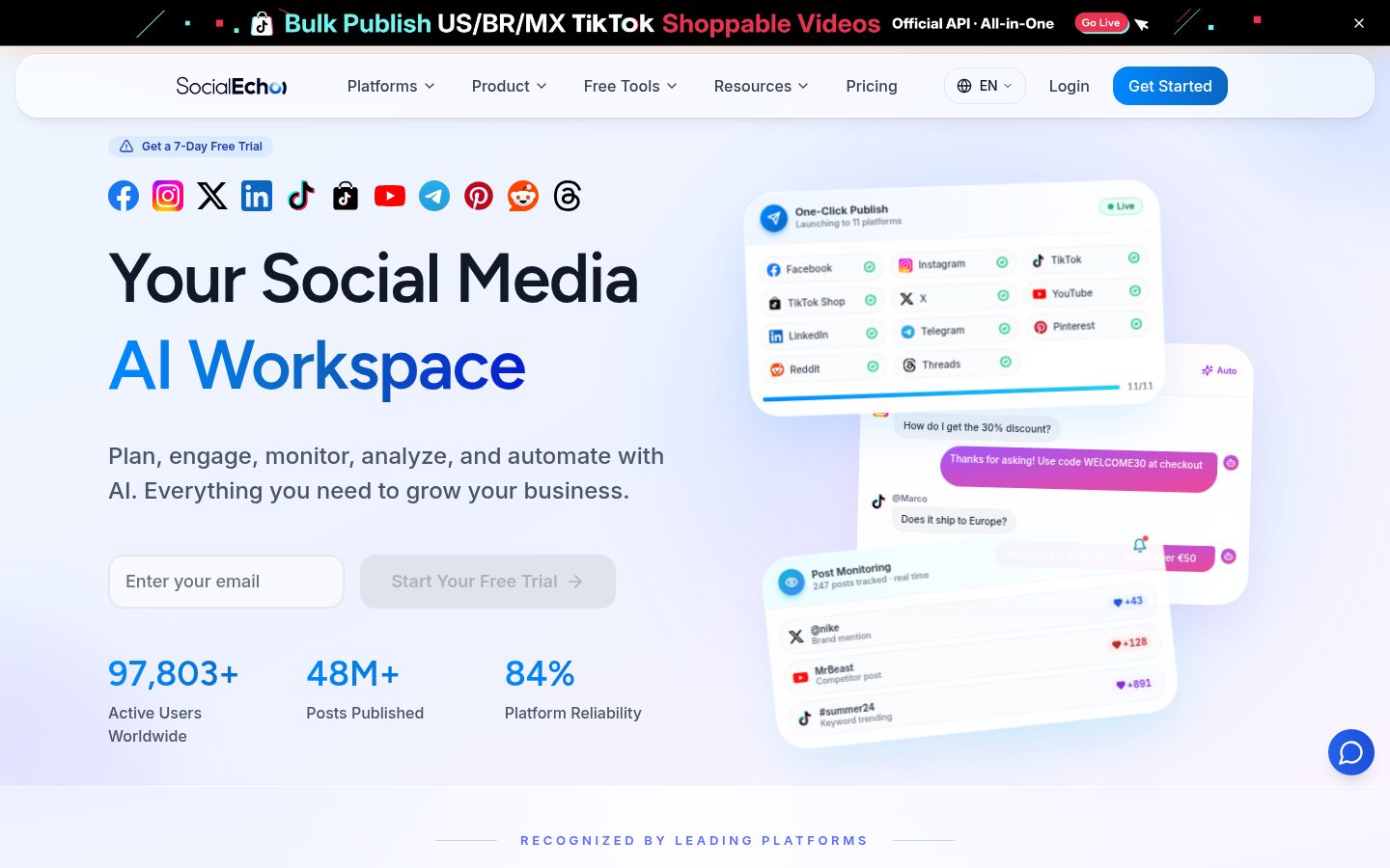 Screenshot of the public SocialEcho homepage