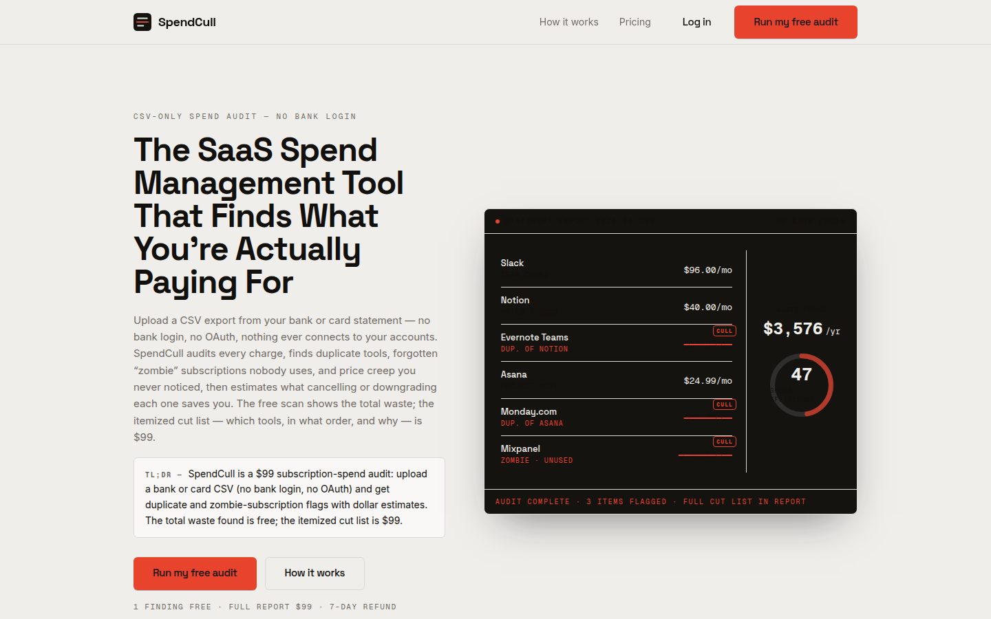Screenshot of the public SpendCull homepage