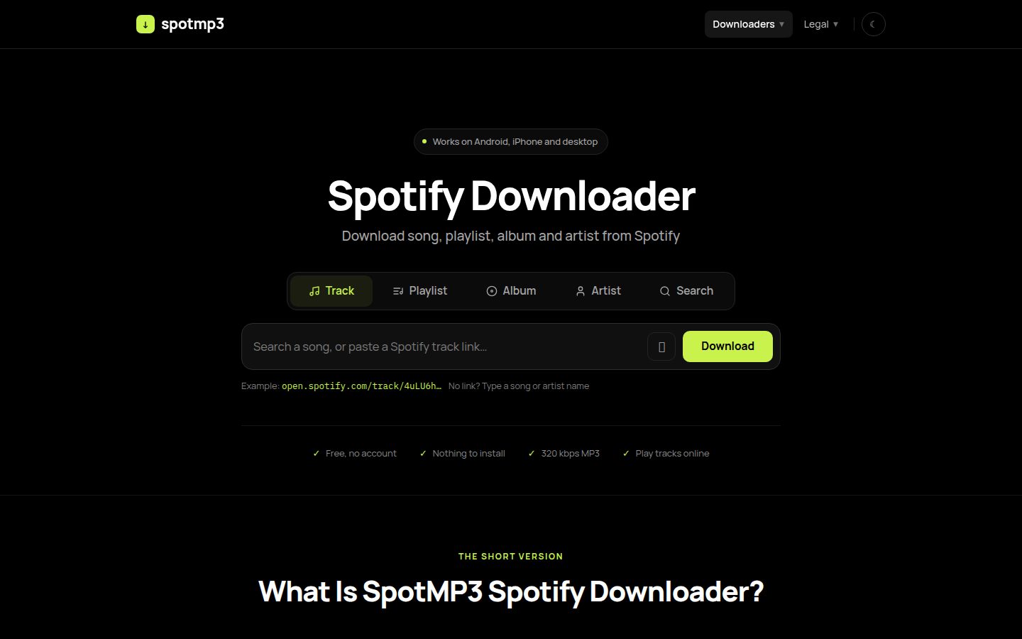 Screenshot of the public spotmp3 homepage